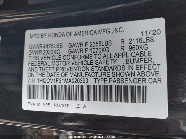 2021 HONDA ACCORD SPORT VIN: 1HGCV1F31MA020393