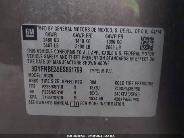 3GYFNBE35ES661799 Cadillac Srx Luxury Collection