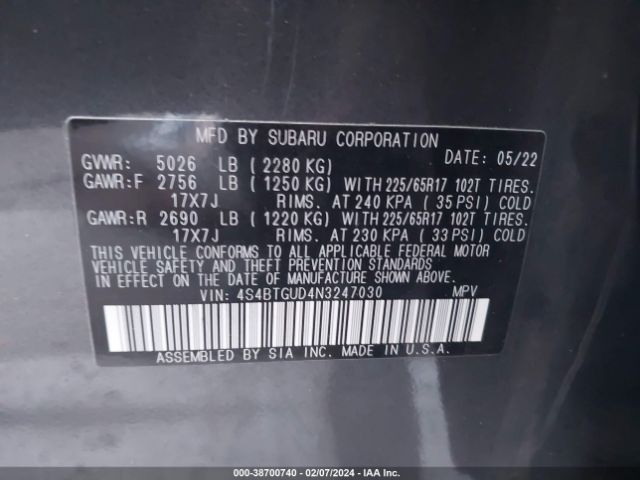 2022 SUBARU OUTBACK 4S4BTGUD4N3247030 Photo 8