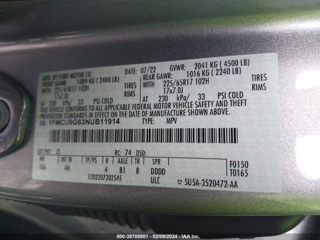 Ford ESCAPE SE 2022 1FMCU9G63NUB11914 Image 9