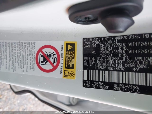 Toyota Highlander Le V6 2016 5TDBKRFH0GS289702 Image 9