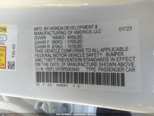 19XFL1H79PE003649 Honda Civic Ex-l /ex-l W/o Bsi