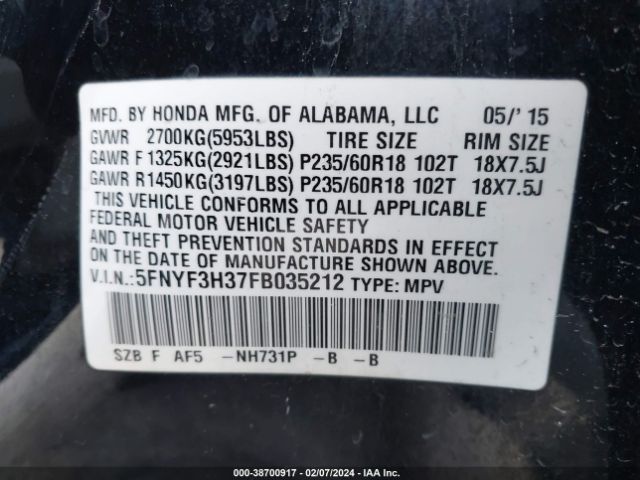 5FNYF3H37FB035212 Honda PILOT SE