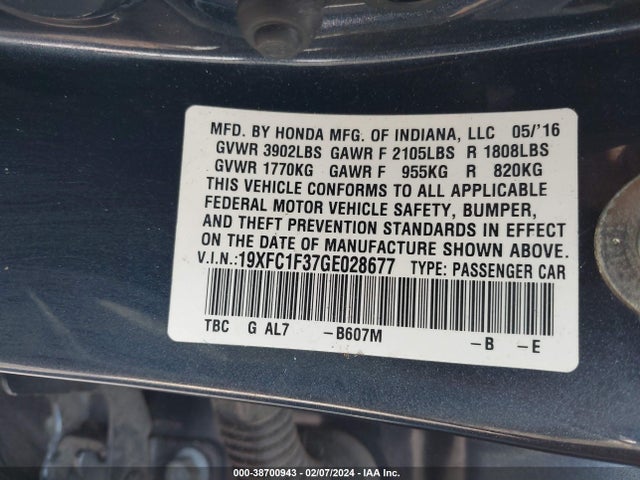 Honda Civic Ex-t 2016 19XFC1F37GE028677 Image 9
