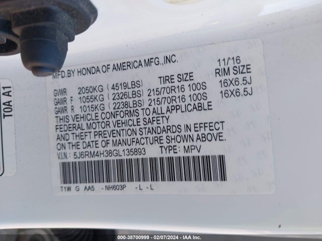 Honda CR-V LX 2016 5J6RM4H38GL135893 Image 9