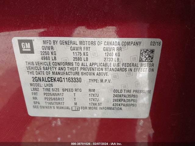 Chevrolet EQUINOX LT 2016 2GNALCEK4G1163330 Image 9