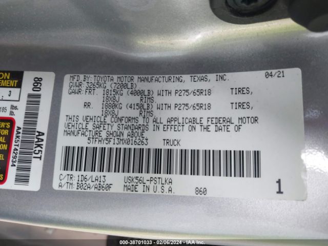 5TFHY5F13MX016263 Toyota Tundra Limited