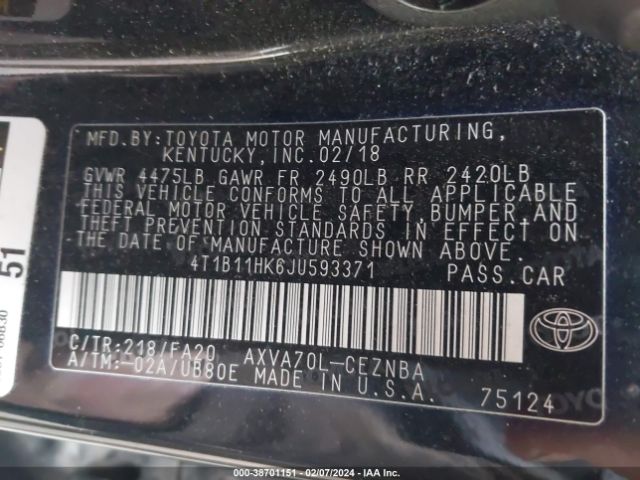 4T1B11HK6JU593371 Toyota CAMRY LE