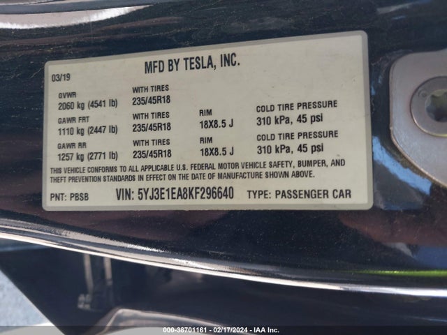 Tesla MODEL 3 2019 5YJ3E1EA8KF296640 Image 9