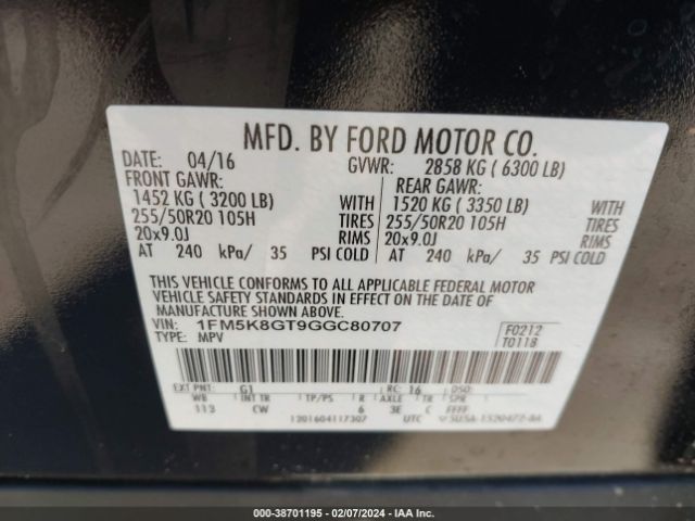 1FM5K8GT9GGC80707 Ford EXPLORER SPORT
