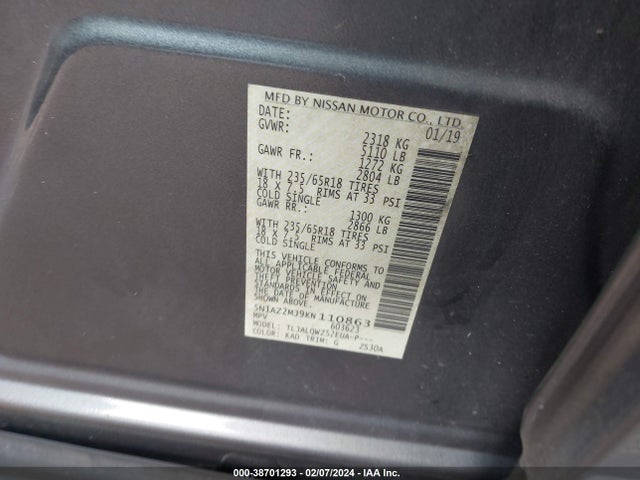 Nissan MURANO SV 2019 5N1AZ2MJ9KN110863 Image 9