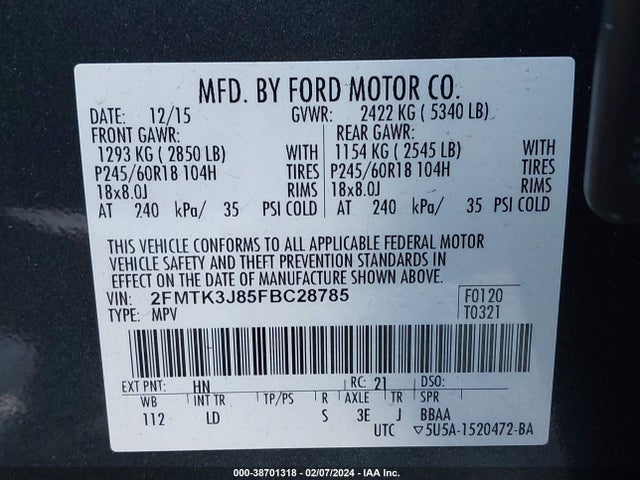 Ford EDGE SEL 2015 2FMTK3J85FBC28785 Image 9