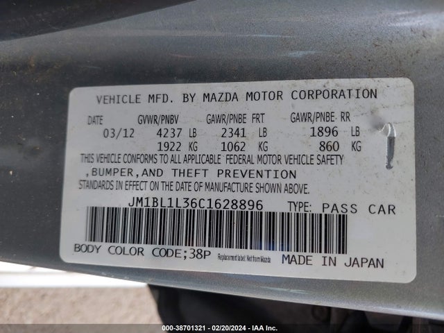38701321 :رقم المزاد ، JM1BL1L36C1628896 vin ، 2012 Mazda Mazda3 Mazdaspeed3 Touring مزاد بيع