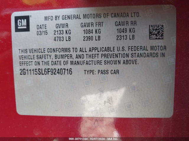 Chevrolet IMPALA 1LT 2015 2G1115SL6F9240716 Image 9