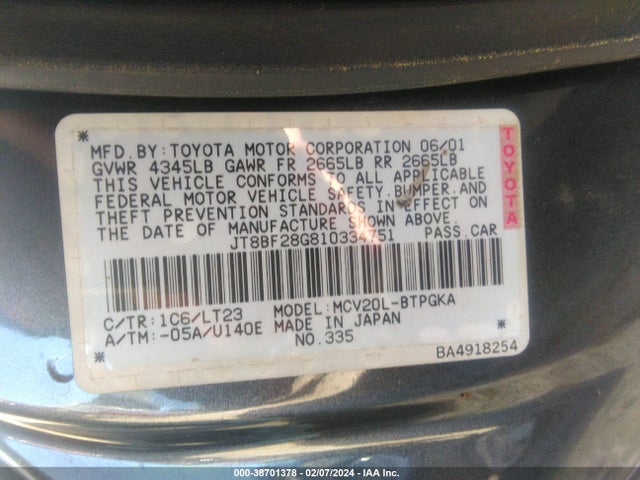 2001 LEXUS ES 300 BASE (A4) VIN: JT8BF28G810334751