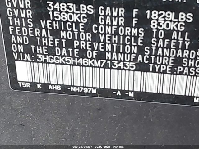 3HGGK5H46KM713435 Honda FIT LX