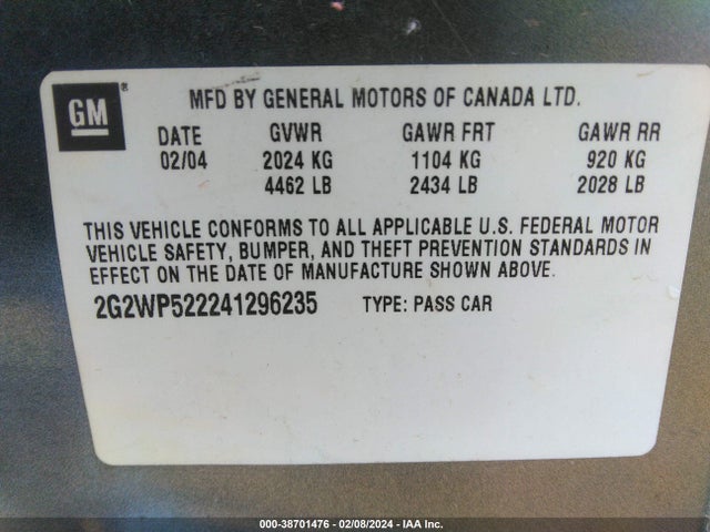 2004 PONTIAC GRAND PRIX GT1 VIN: 2G2WP522241296235