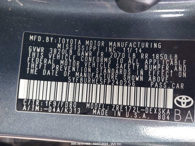 2015 TOYOTA COROLLA S PLUS VIN: 5YFBURHE5FP240256