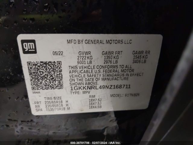 1GKKNRL49NZ168711 GMC Acadia Awd Sle