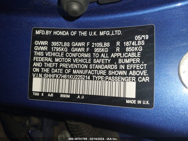 Honda CIVIC EX 2019 SHHFK7H61KU225214 Image 9