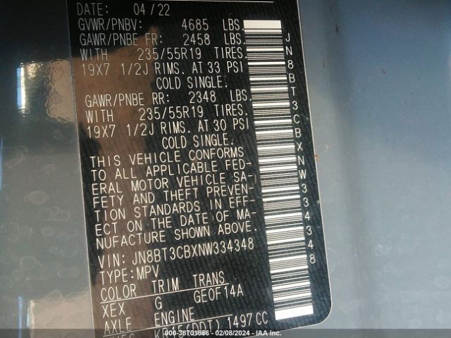 JN8BT3CBXNW334348 Nissan Rogue Sl Intelligent Awd