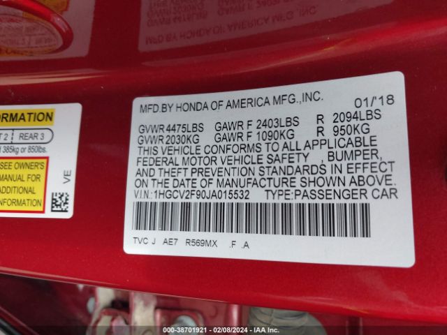 1HGCV2F90JA015532 Honda Accord Touring 2.0t