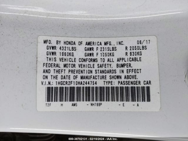 1HGCR2F10HA244754 Honda Accord Sport Se