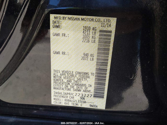 Nissan Altima 2.5 S 2015 1N4AL3AP4FC223227 Image 9