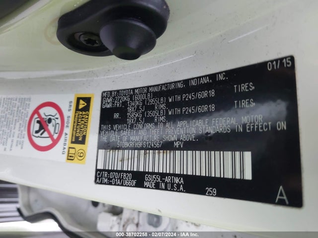 Toyota Highlander Le V6 2015 5TDBKRFH9FS124567 Image 9