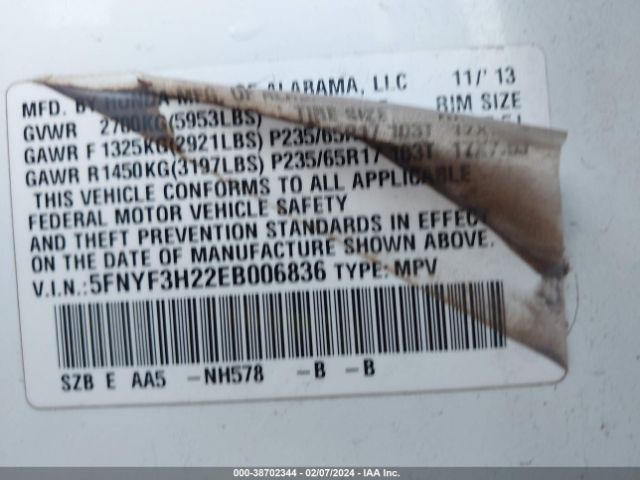 5FNYF3H22EB006836 Honda PILOT LX