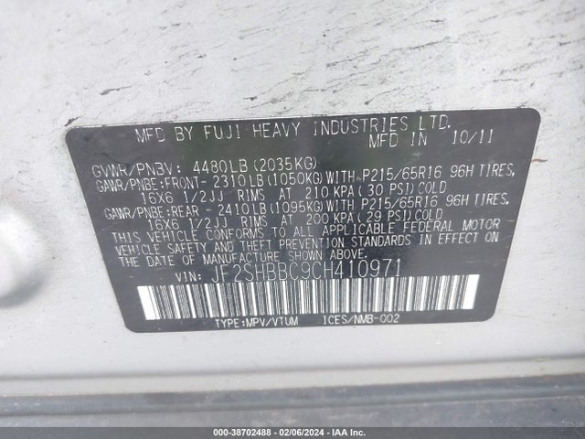 38702488 :رقم المزاد ، JF2SHBBC9CH410971 vin ، 2012 Subaru Forester 2.5x مزاد بيع