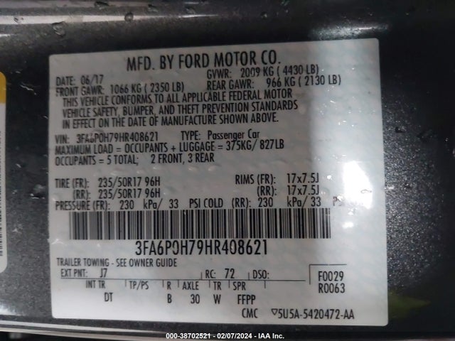 Ford FUSION SE 2017 3FA6P0H79HR408621 Image 9