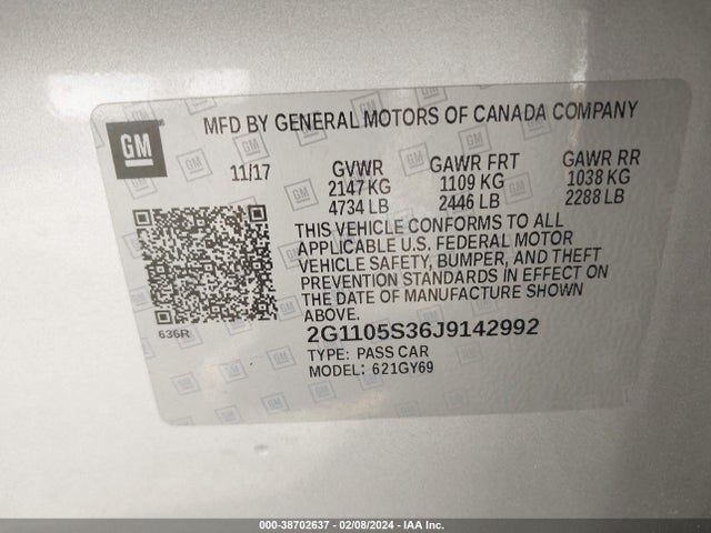 Chevrolet IMPALA 1LT 2018 2G1105S36J9142992 Image 9