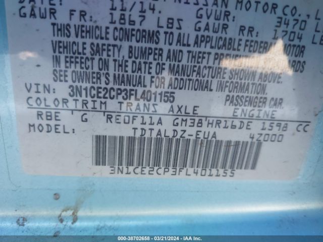 3N1CE2CP3FL401155 Nissan Versa Note S (sr)/s Plus/sl/sr/sv