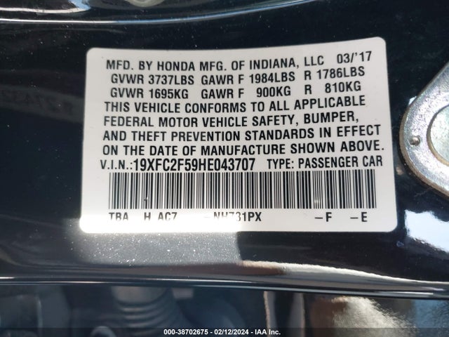 Honda Civic Lx 2017 19XFC2F59HE043707 Image 9