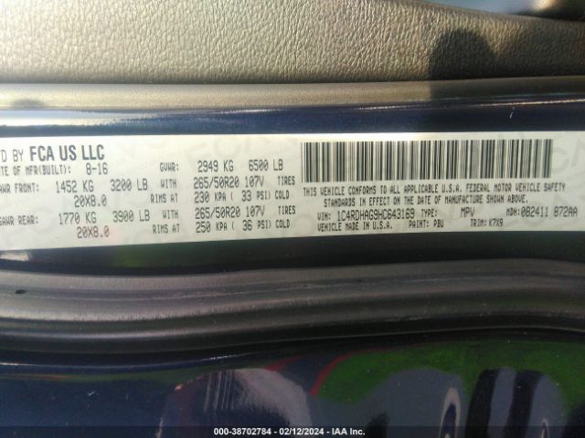 1C4RDHAG9HC643169 Dodge Durango Sxt Rwd