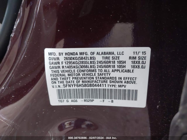 Honda Pilot Ex-l 2016 5FNYF6H58GB044411 Image 9
