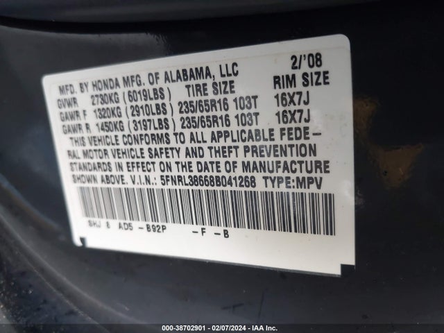 2008 HONDA ODYSSEY EX-L VIN: 5FNRL38668B041268