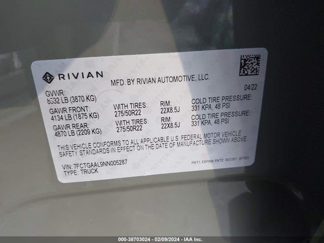 Rivian R1t Launch Edition 2022 7FCTGAAL9NN005287 Image 9