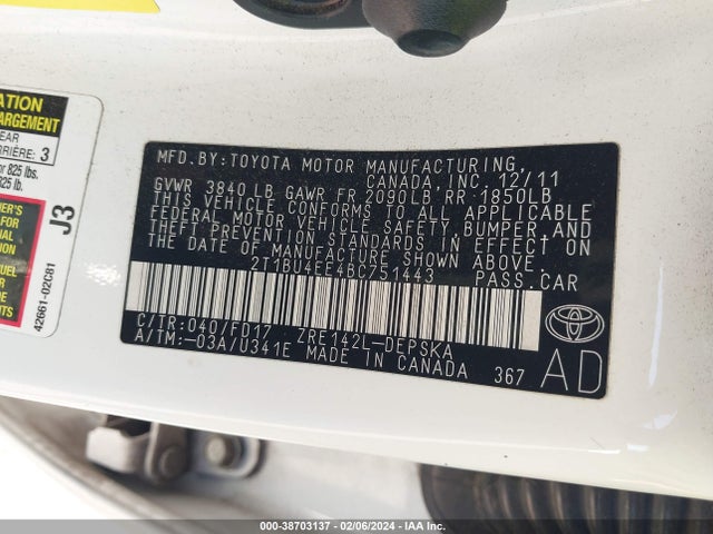 2011 TOYOTA COROLLA S VIN: 2T1BU4EE4BC751443