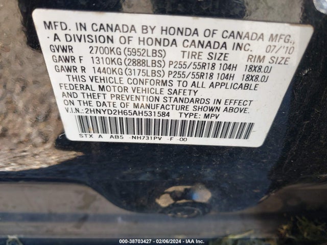 Aukcja sprzedaży 2010 Acura Mdx Technology Package, vin: 2HNYD2H65AH531584, numer aukcji: 38703427