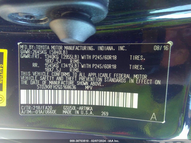 Toyota Highlander Le Plus V6 2016 5TDZKRFH2GS168636 Image 9