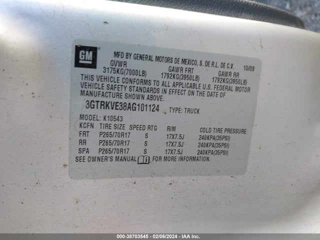 2010 GMC SIERRA 1500 SLE VIN: 3GTRKVE38AG101124