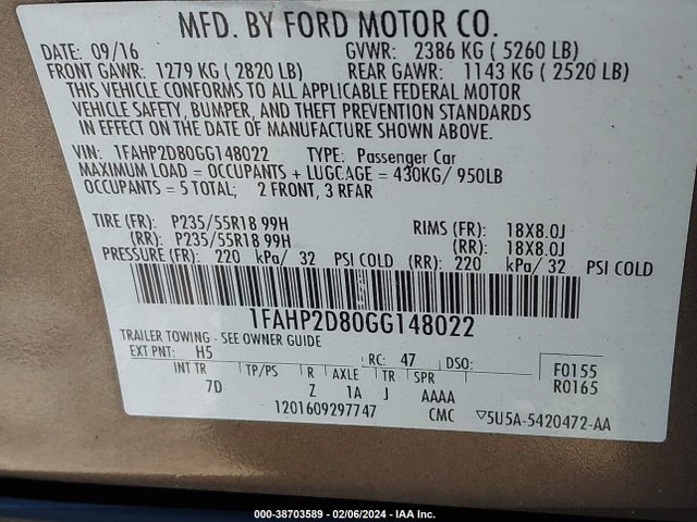 Ford TAURUS SE 2016 1FAHP2D80GG148022 Image 9