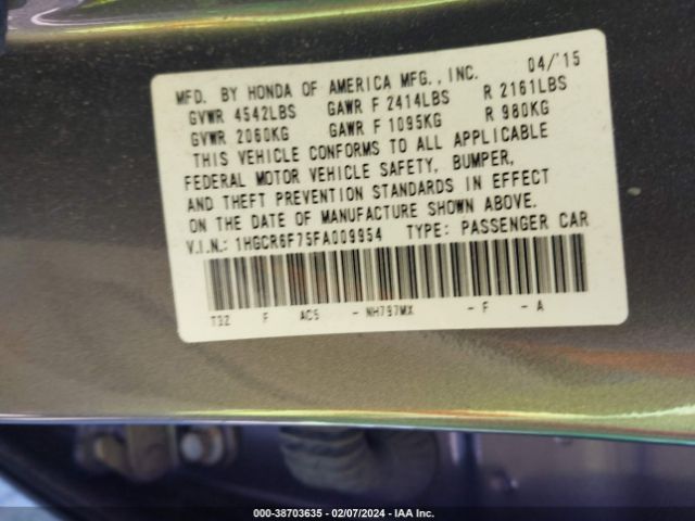 1HGCR6F75FA009954 Honda Accord Hybrid Touring