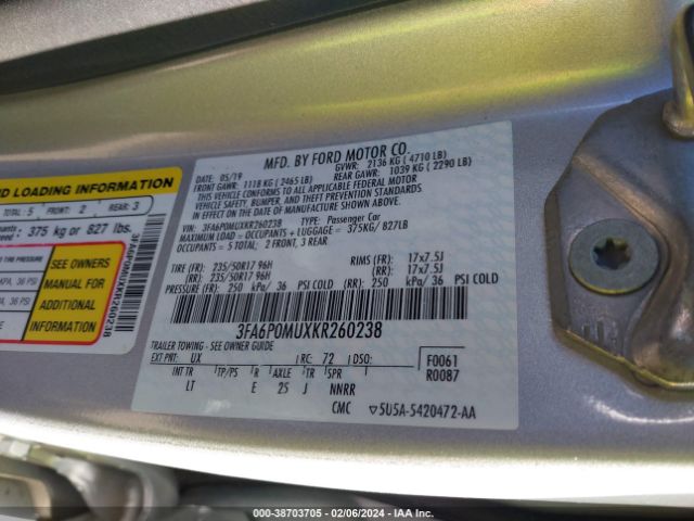 3FA6P0MUXKR260238 Ford Fusion Hybrid Sel