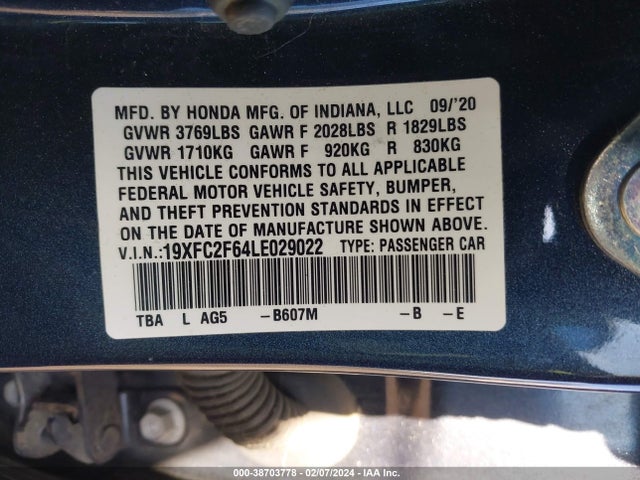 Honda Civic Lx 2020 19XFC2F64LE029022 Image 9