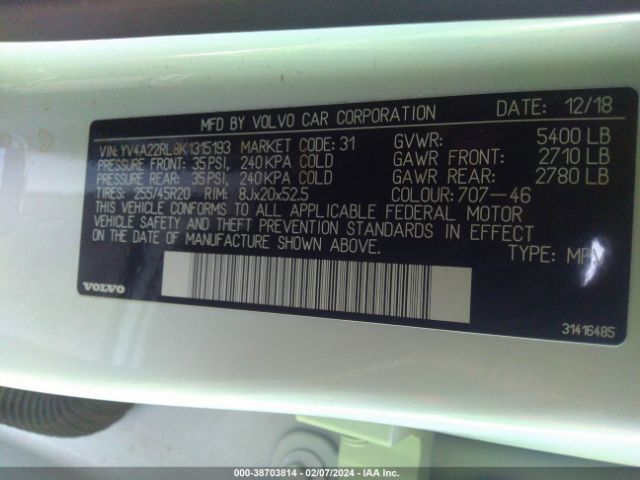 YV4A22RL8K1315193 Volvo Xc60 T6 Inscription