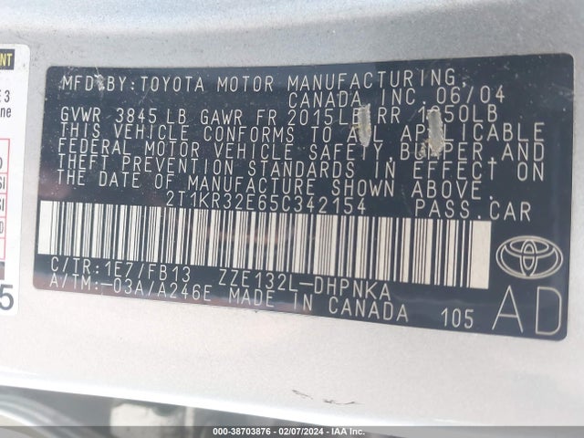 2005 TOYOTA MATRIX/XR VIN: 2T1KR32E65C342154