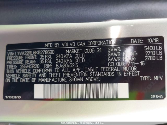 LYVA22RL6KB278690 Volvo Xc60 T6 Inscription